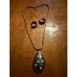 Brighton Heart & Scroll Black Necklace Hoop Earrings Retired